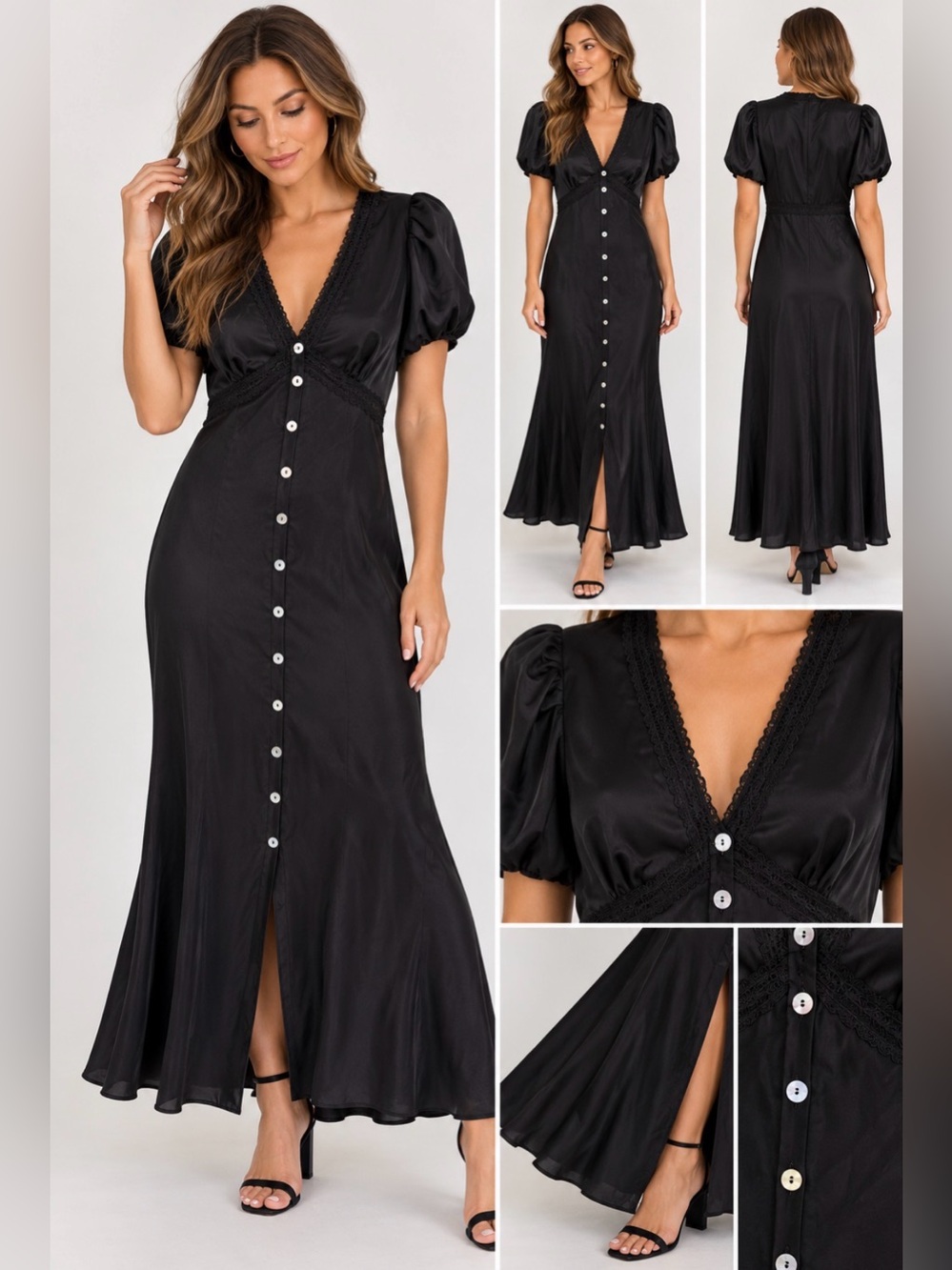 Never Fully Dressed Black Satin Maxi Dress Lace Trim Puff Sleeve S